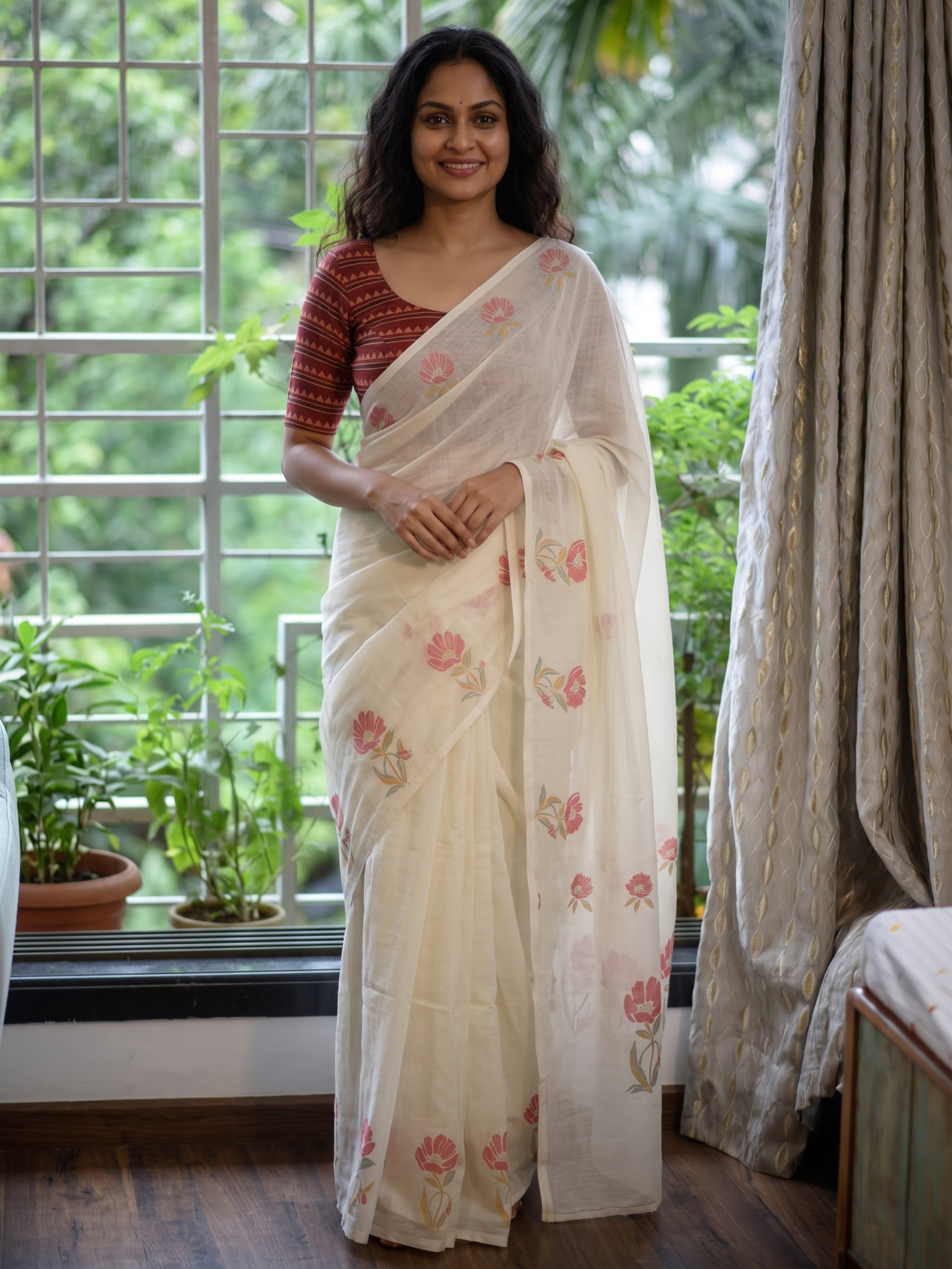 Cream Pink Floral Cotton Linen Saree with Printed Blouse - Magnite (SE-1119)