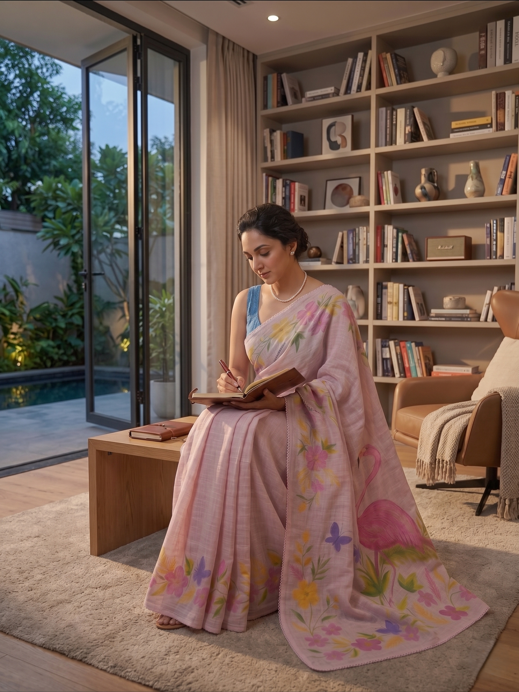 Pink Flamingo Floral Cotton Linen Saree  - Magnite (SE-1120)