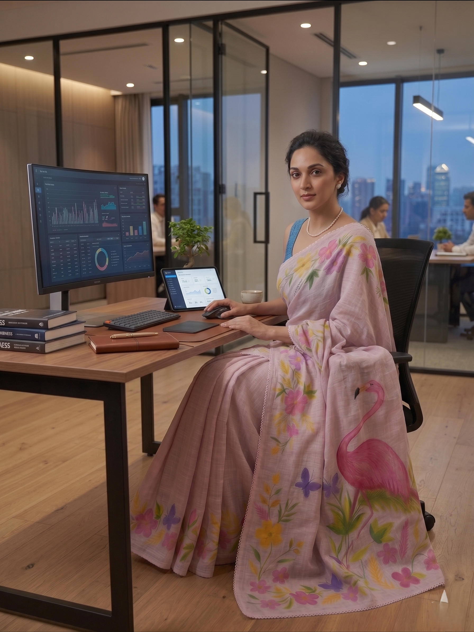 Pink Flamingo Floral Cotton Linen Saree  - Magnite (SE-1120)