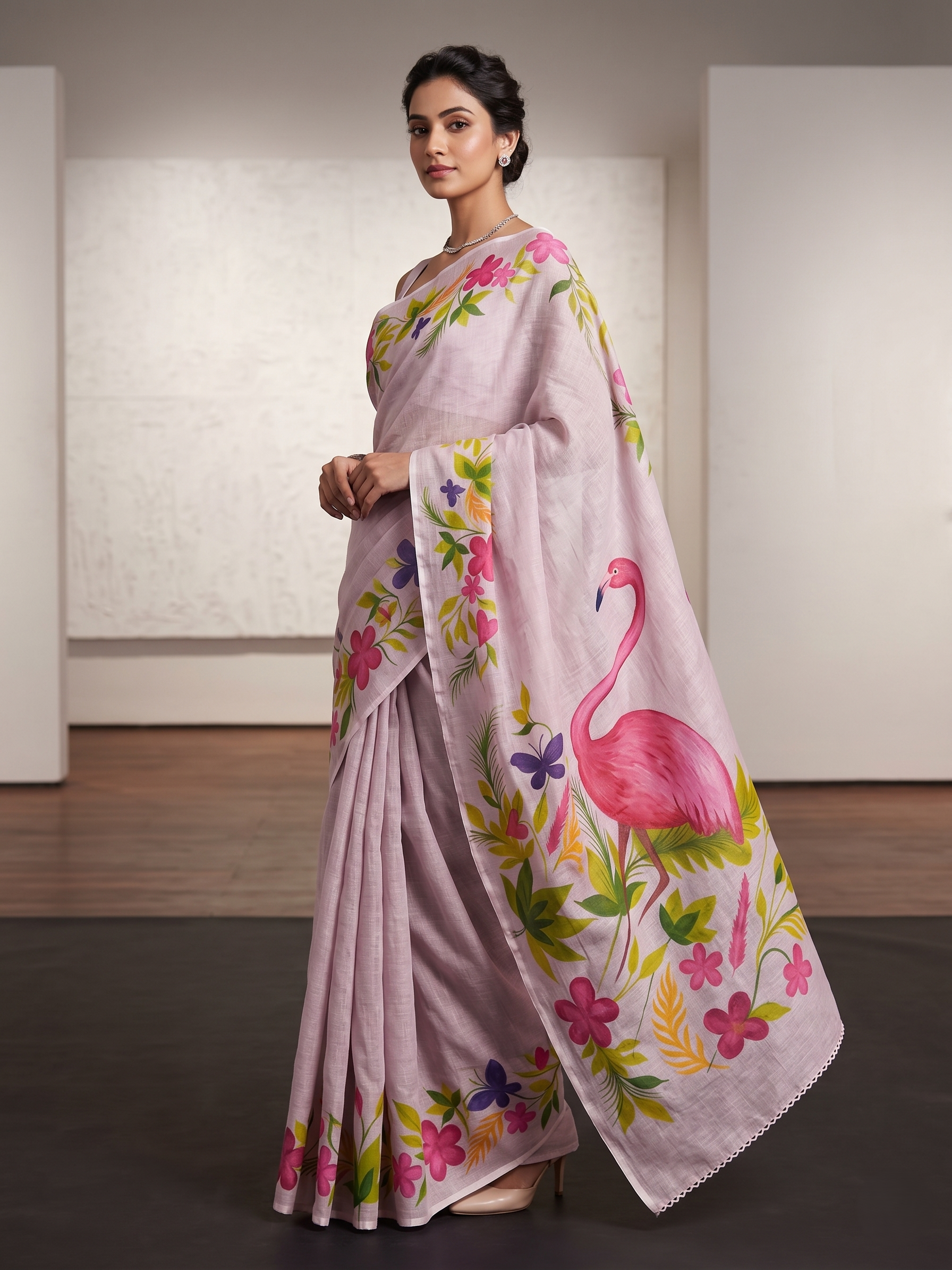 Pink Flamingo Floral Cotton Linen Saree  - Magnite (SE-1120)