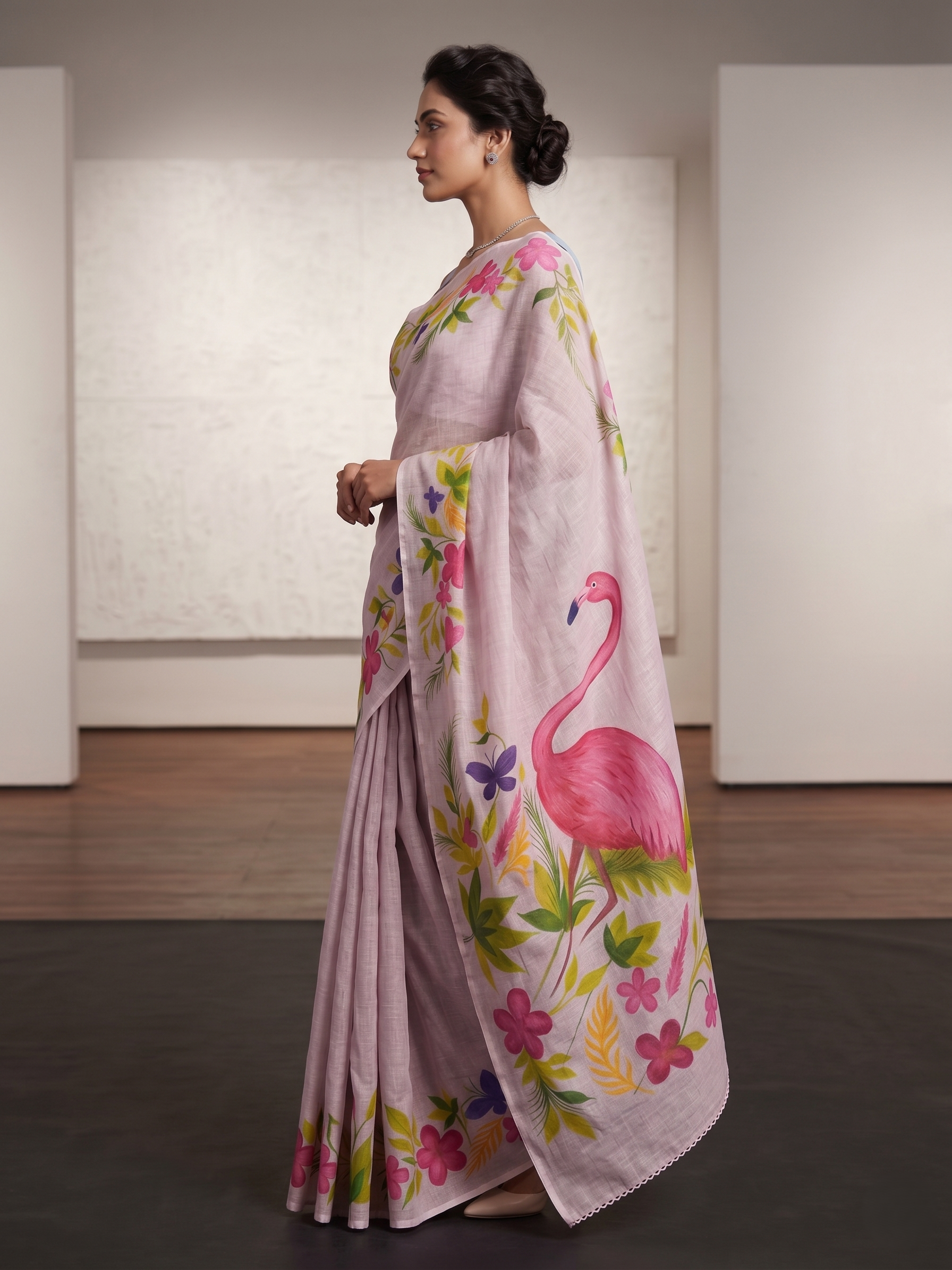 Pink Flamingo Floral Cotton Linen Saree  - Magnite (SE-1120)