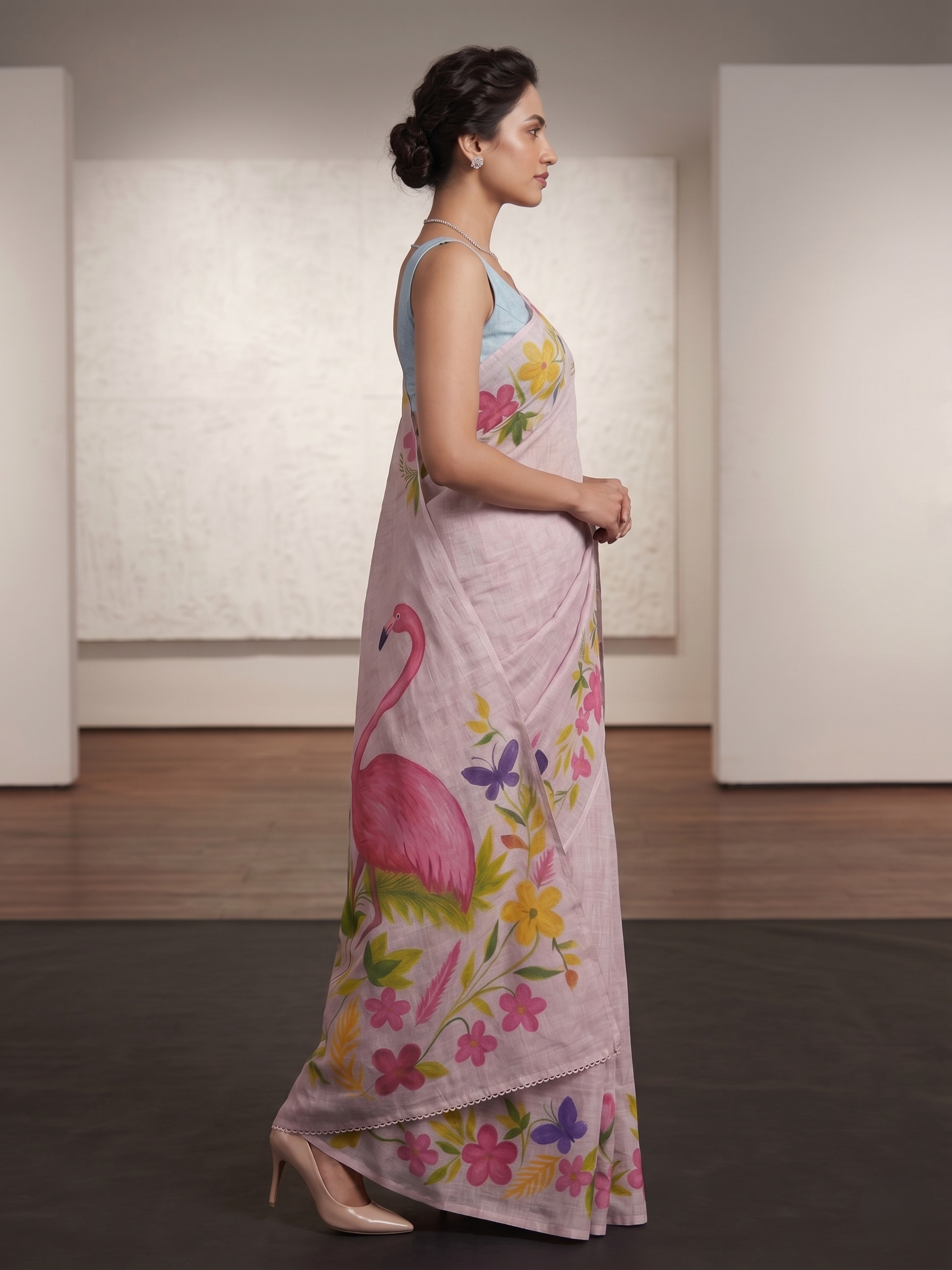 Pink Flamingo Floral Cotton Linen Saree  - Magnite (SE-1120)