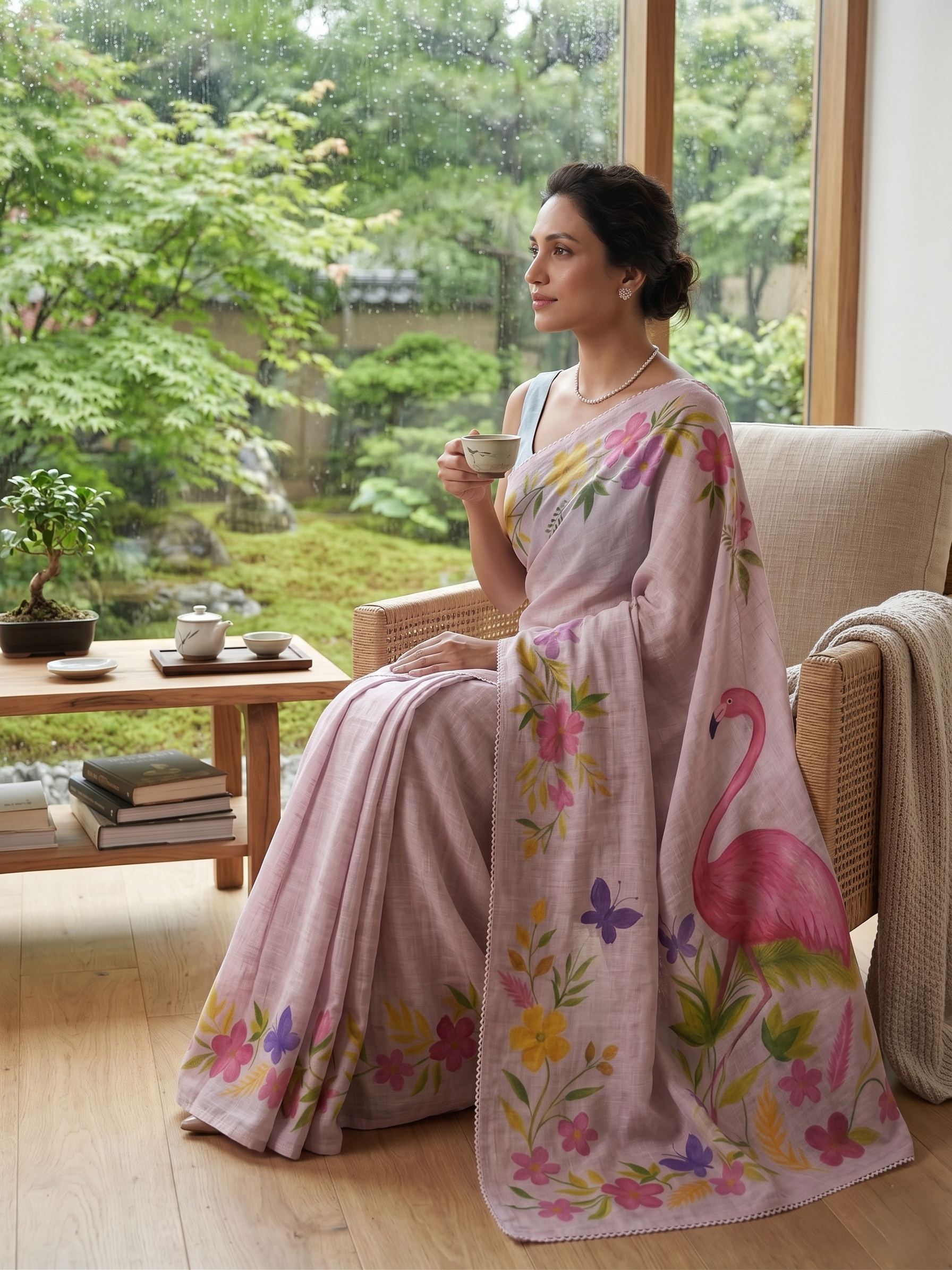 Pink Flamingo Floral Cotton Linen Saree  - Magnite (SE-1120)
