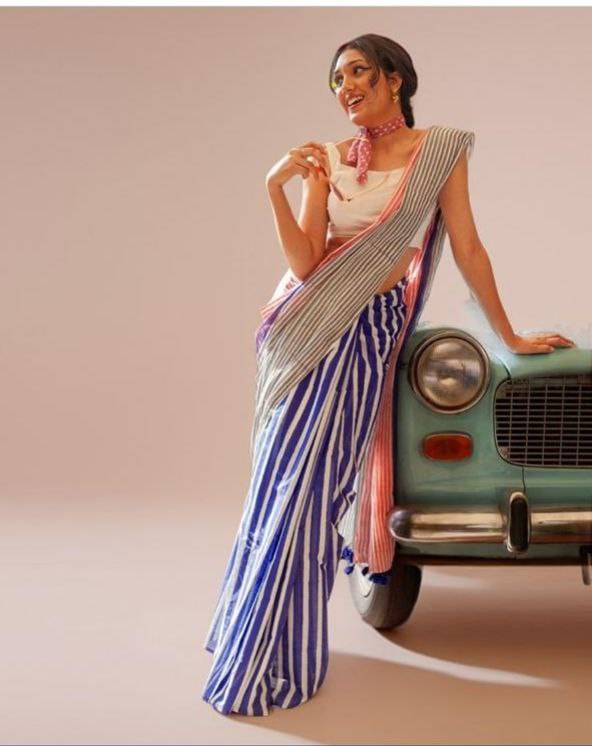Multicolour Striped Cotton Linen Saree with Contrast Pallu & Blouse Piece  - Magnite (SE-1121)
