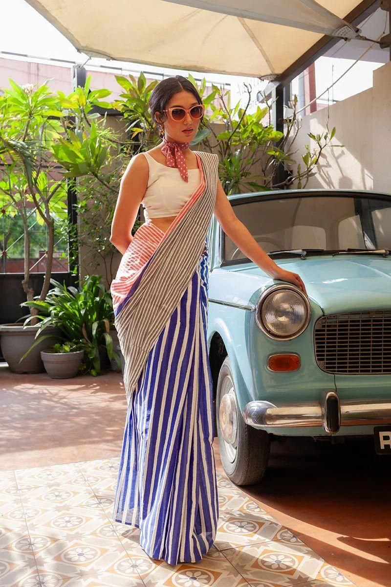 Multicolour Striped Cotton Linen Saree with Contrast Pallu & Blouse Piece  - Magnite (SE-1121)