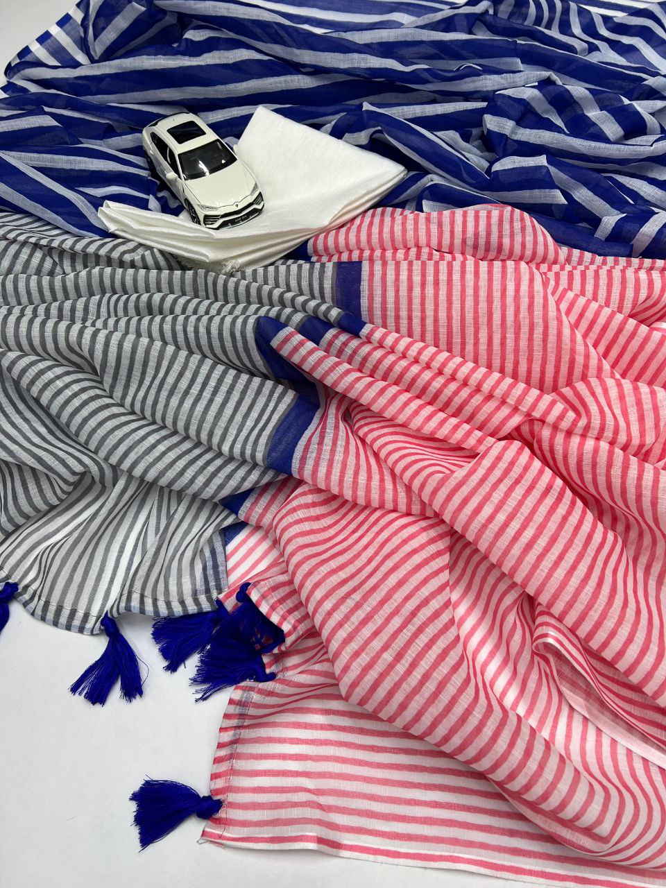 Multicolour Striped Cotton Linen Saree with Contrast Pallu & Blouse Piece  - Magnite (SE-1121)