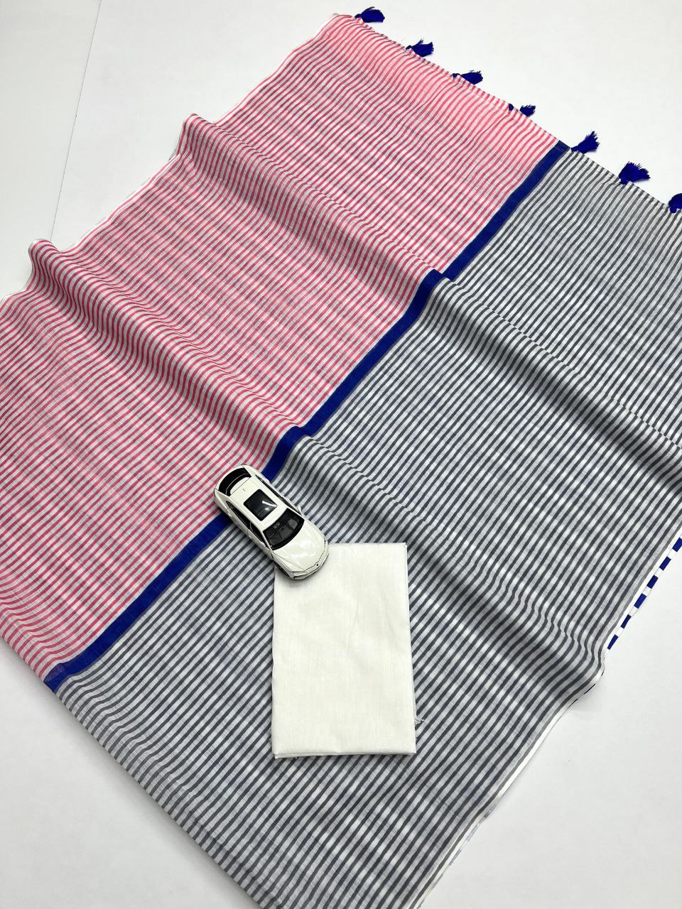 Multicolour Striped Cotton Linen Saree with Contrast Pallu & Blouse Piece  - Magnite (SE-1121)