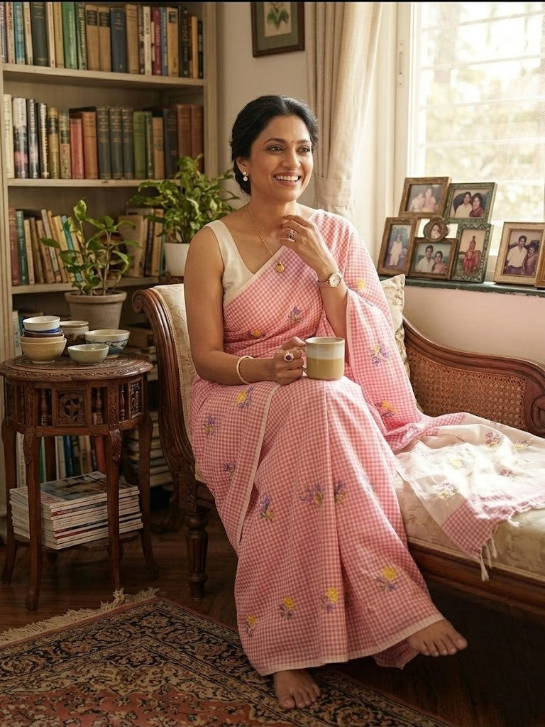 Pink Checked Floral Cotton Linen Saree with Contrast Pallu & Blouse Piece (SE-1122)