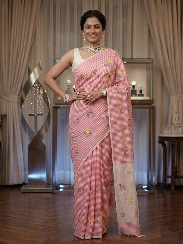 Pink Checked Floral Cotton Linen Saree with Contrast Pallu & Blouse Piece (SE-1122)