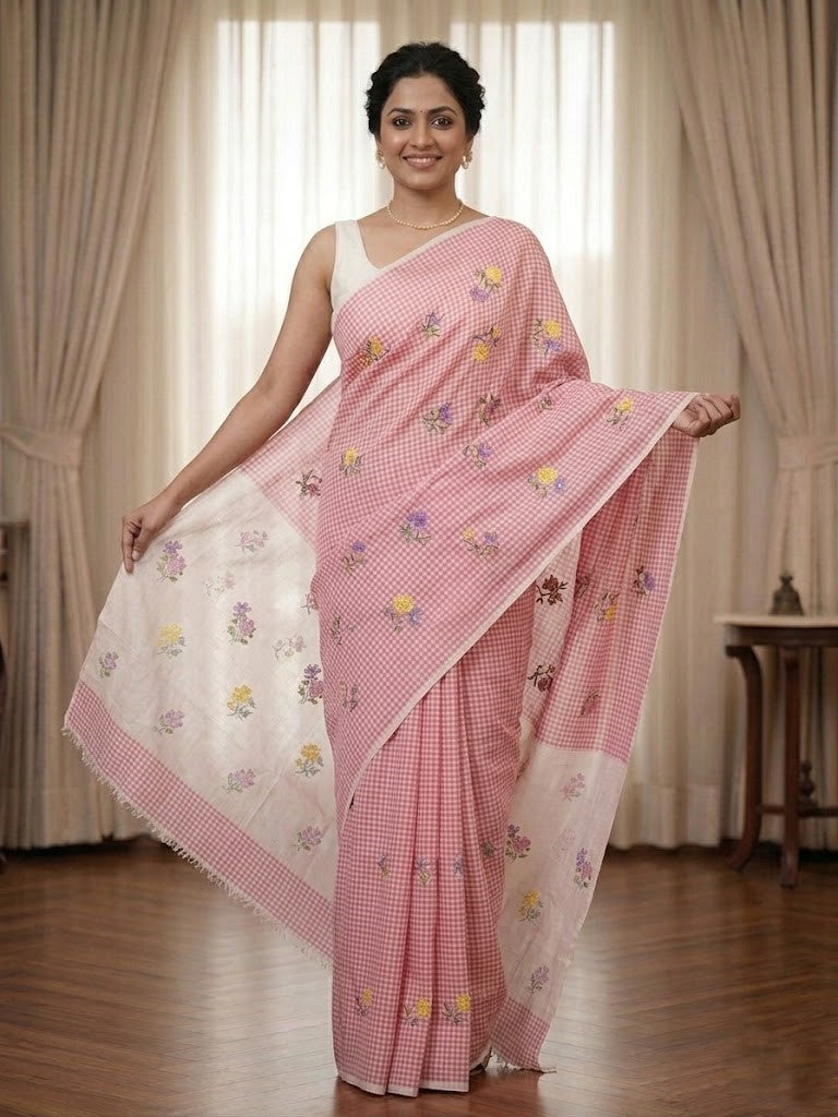 Pink Checked Floral Cotton Linen Saree with Contrast Pallu & Blouse Piece (SE-1122)