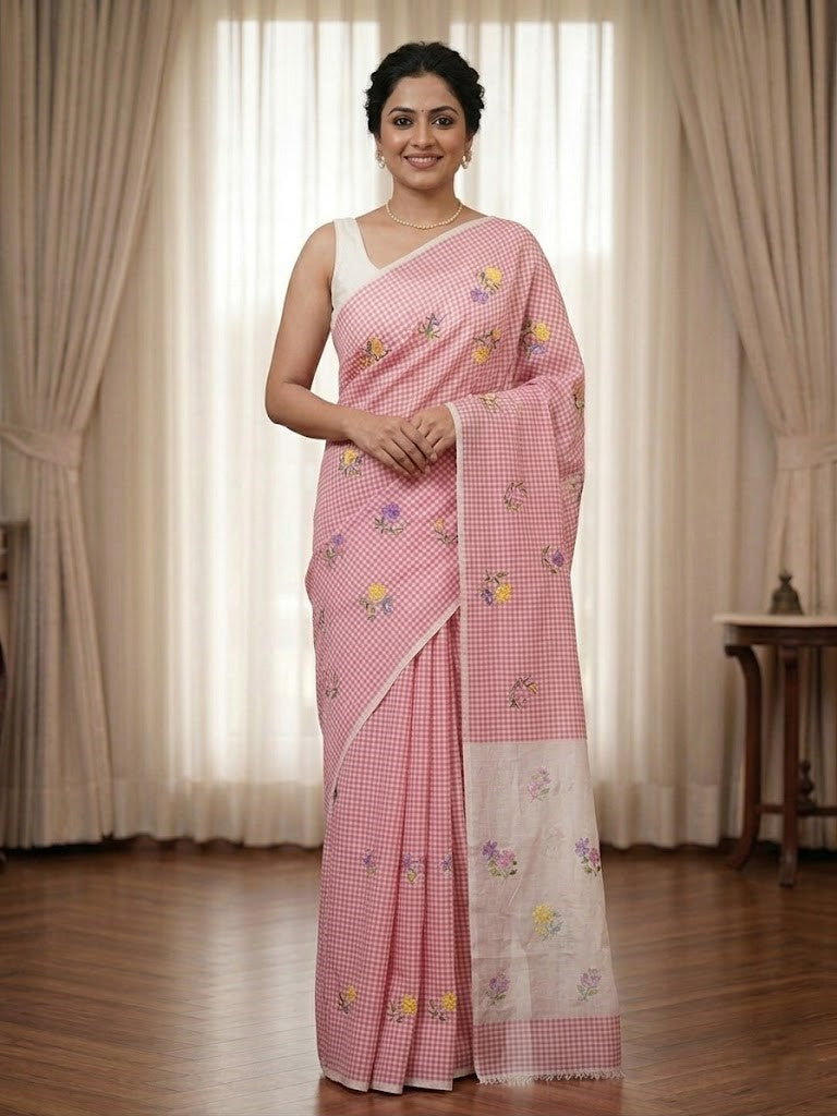 Pink Checked Floral Cotton Linen Saree with Contrast Pallu & Blouse Piece (SE-1122)