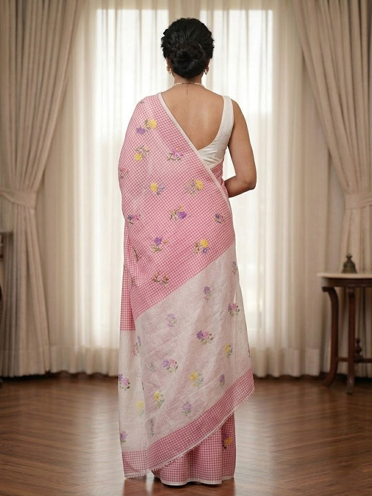 Pink Checked Floral Cotton Linen Saree with Contrast Pallu & Blouse Piece (SE-1122)