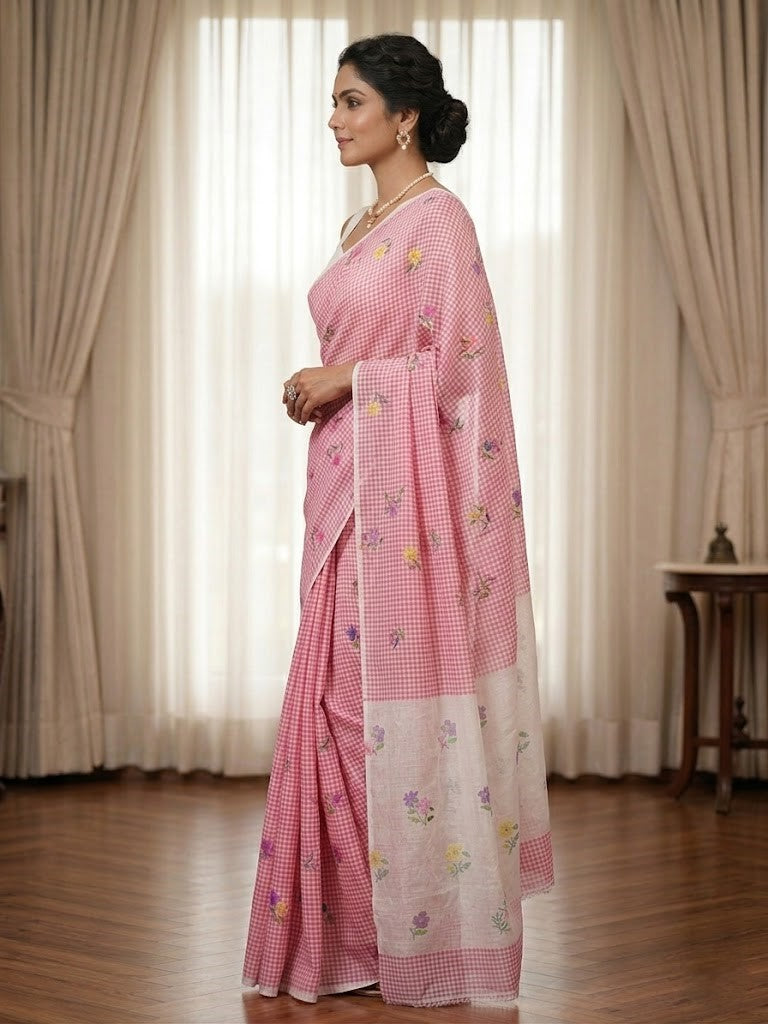 Pink Checked Floral Cotton Linen Saree with Contrast Pallu & Blouse Piece (SE-1122)