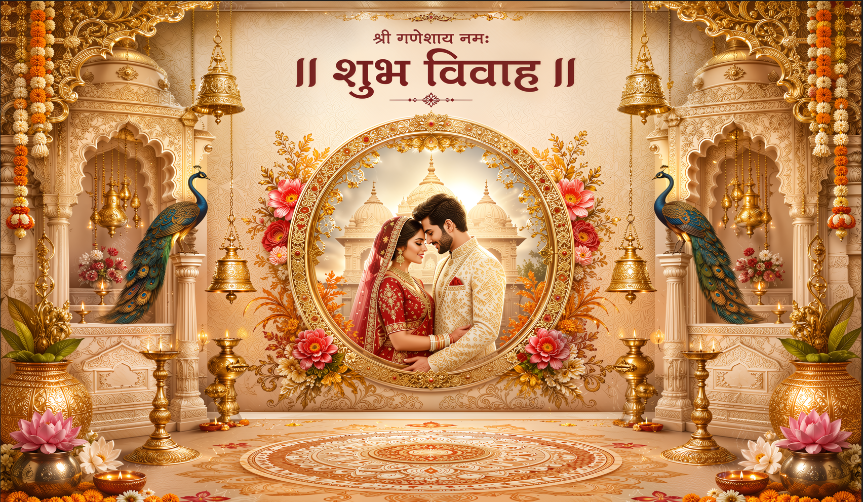 Golden Royal Shubh Vivah Antarpat with Couple Artwork (SE-AP-36)