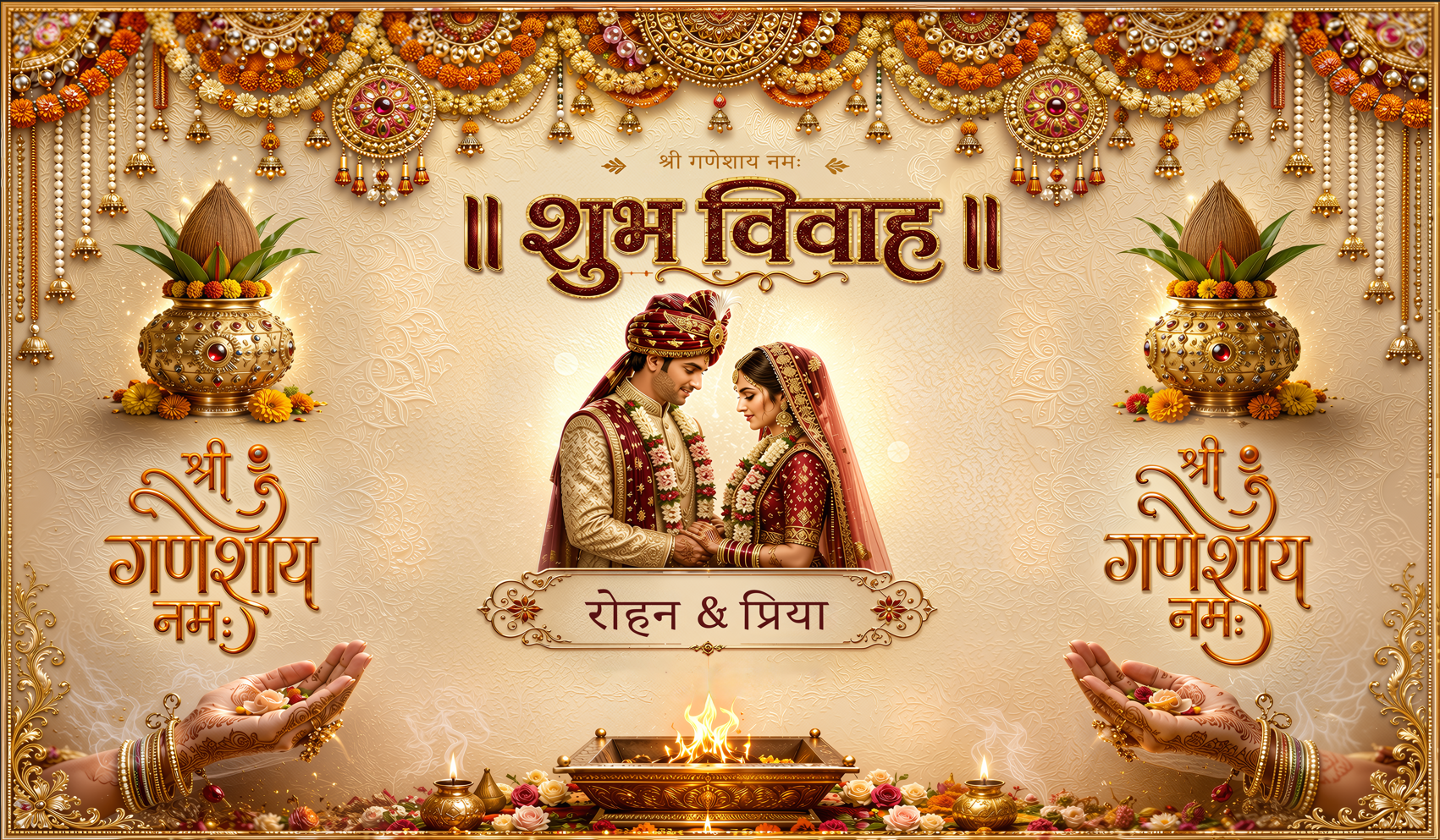 Ganesh Mantra Shubh Vivah Antarpat with Bride Groom Design (SE-AP-47)