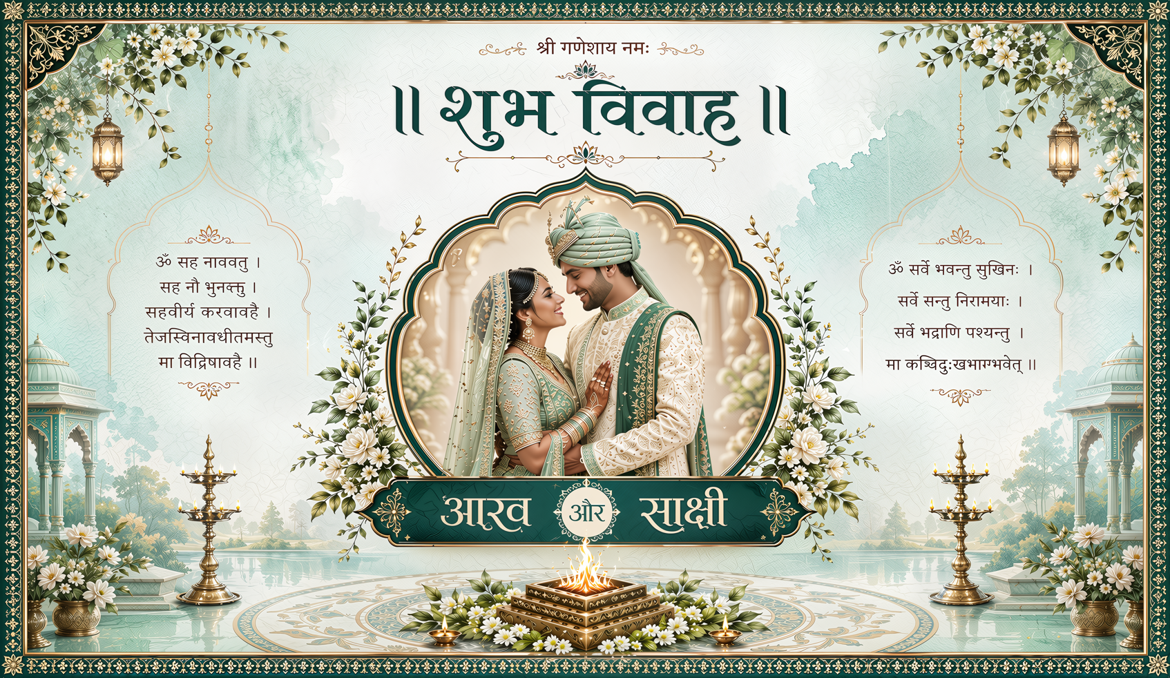 Green Floral Shubh Vivah Antarpat with Couple Frame &amp; Havan Ceremony Design (SE-AP-92)