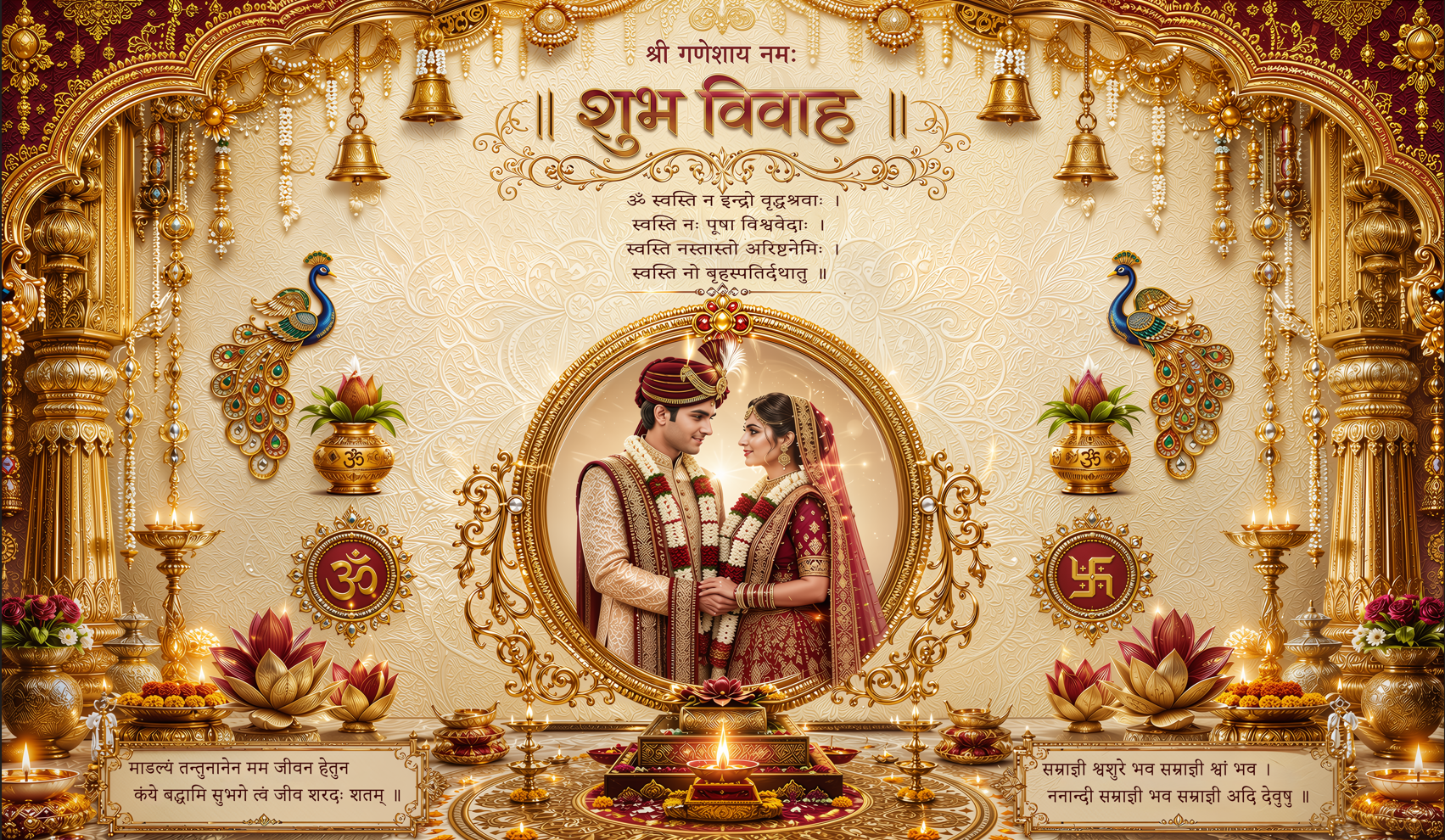 Royal Gold Peacock Shubh Vivah Antarpat with Couple Frame and Havan Ceremony Design (SE-AP-105)