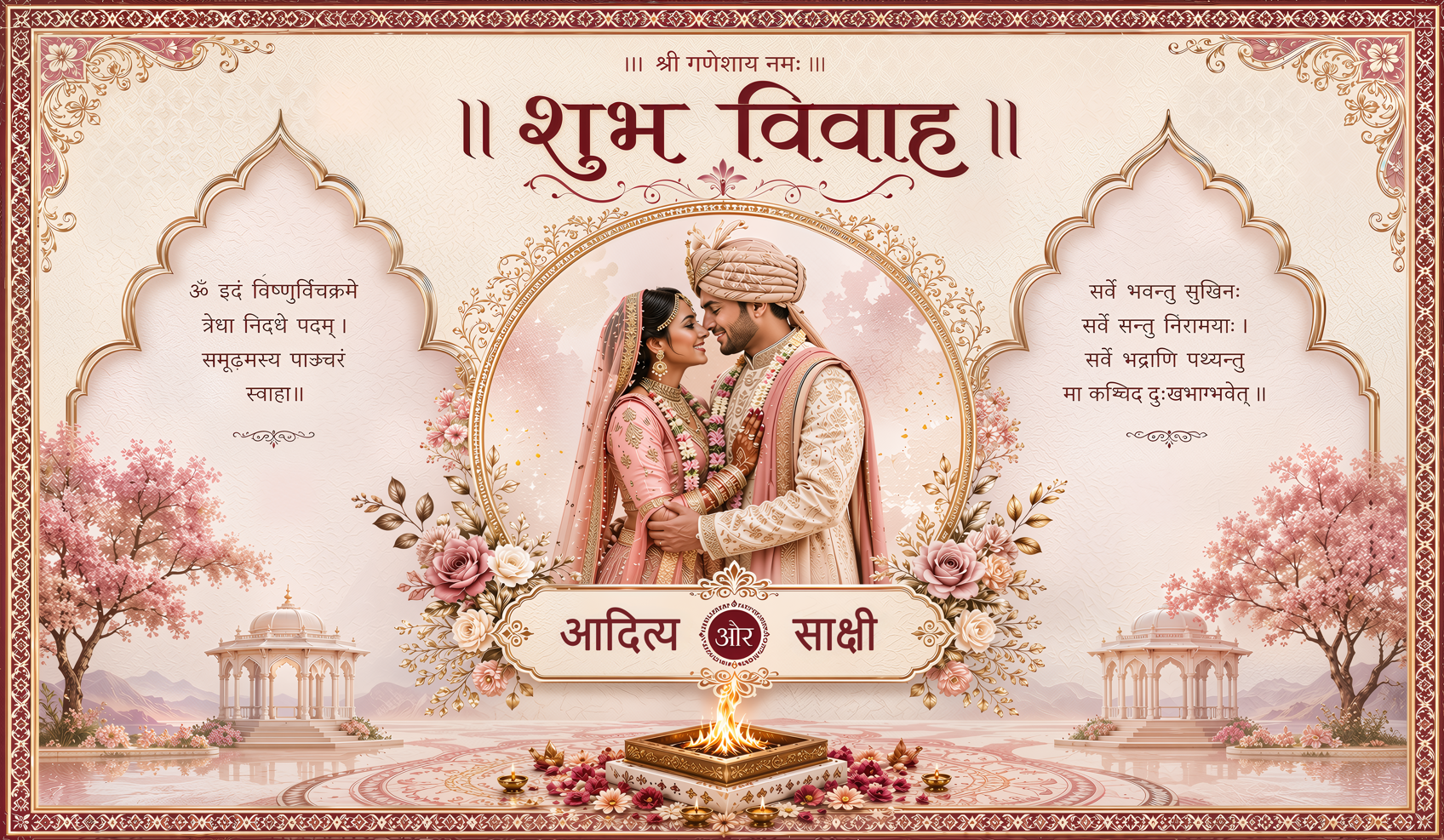 Pastel Floral Shubh Vivah Antarpat with Couple Frame and Havan Ceremony Design (SE-AP-108)