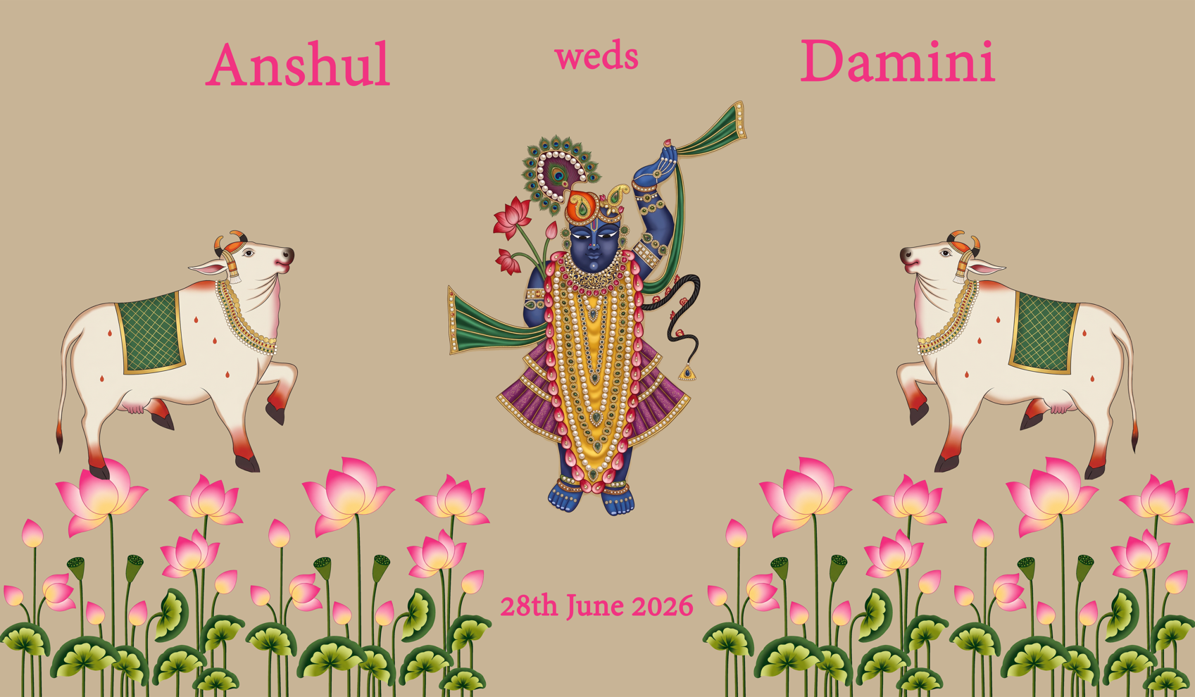 Shreenathji Lotus Shubh Vivah Antarpat with Cow and Name Date Design (SE-AP-131)