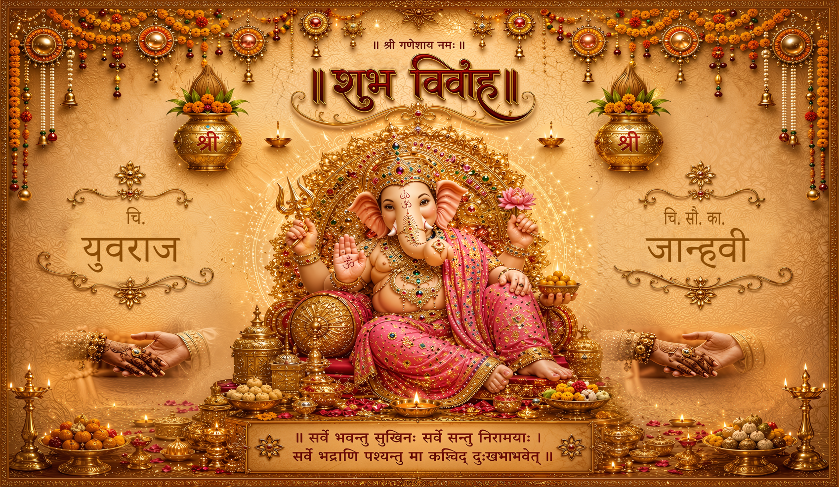Royal Golden Ganesh Shubh Vivah Antarpat with Bride Groom Name and Blessing Hands Design (SE-AP-135)