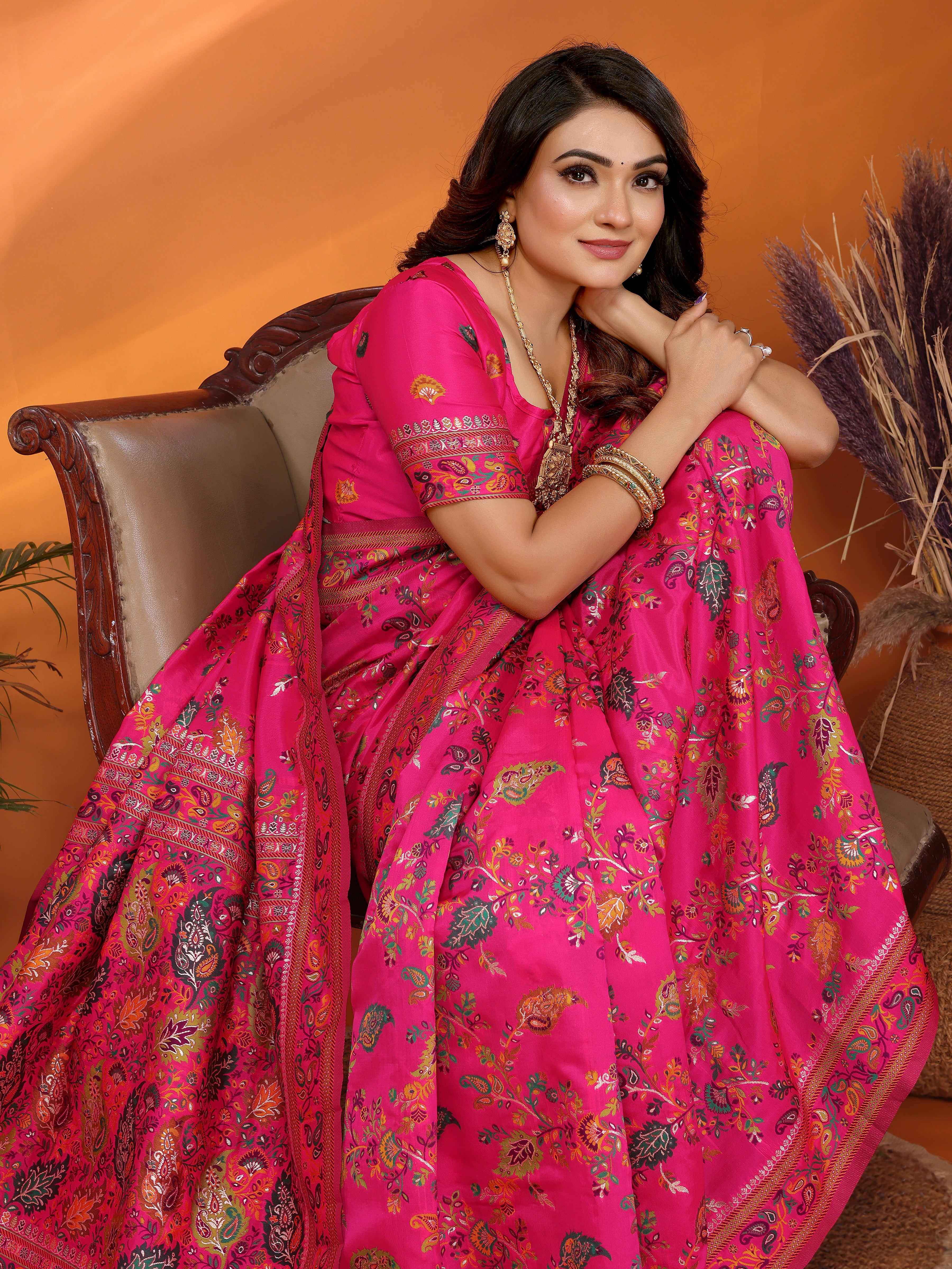 Premium Pashmina Silk Saree – Kashmiri Weaving Beauty in Pink