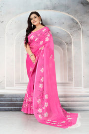 Elegant Pink Floral Printed Saree with Unstiched Blouse Piece
