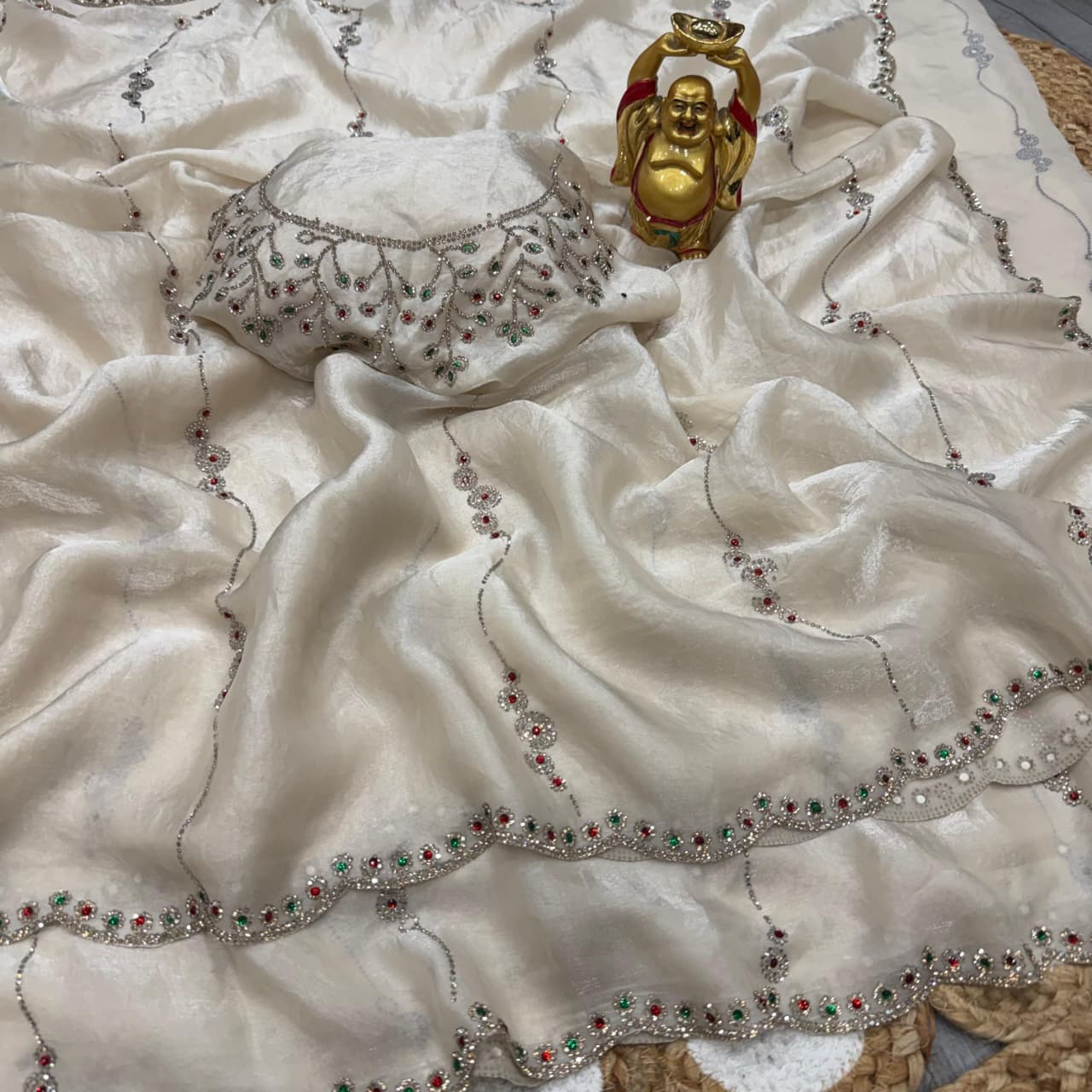 Space Silk Saree with Jarkan & Stone Work | Designer Blouse