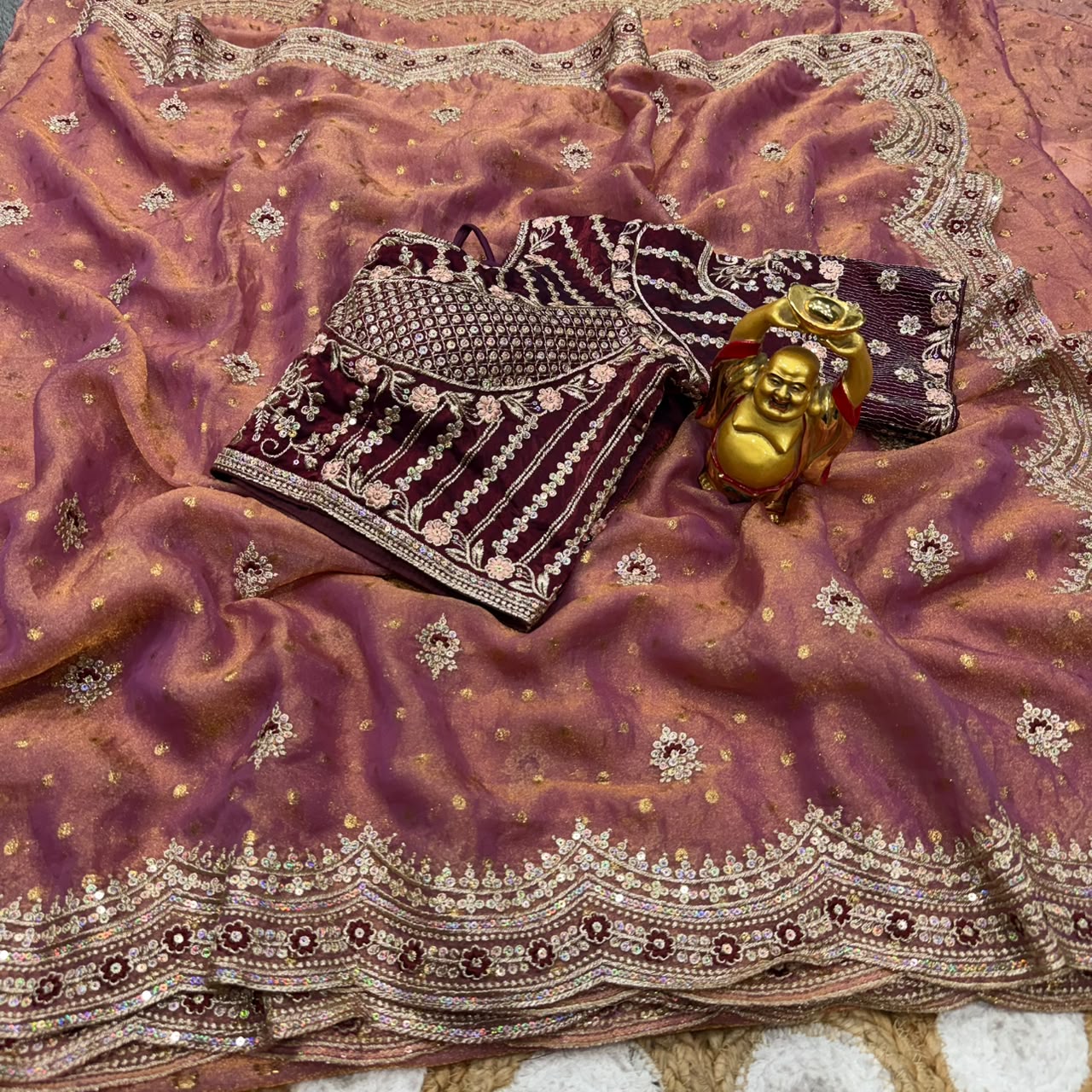 DS-821 NC Moss Butti Saree with Sequin & Thread Work | Stitched Blouse