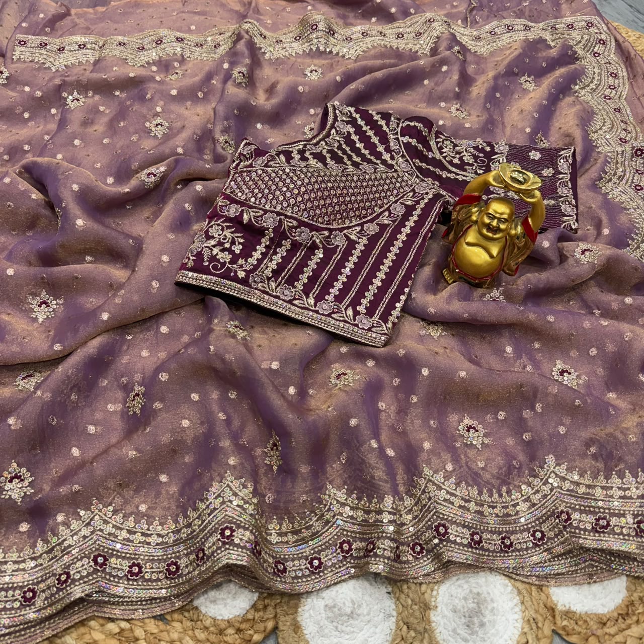 DS-821 NC Moss Butti Saree with Sequin & Thread Work | Stitched Blouse