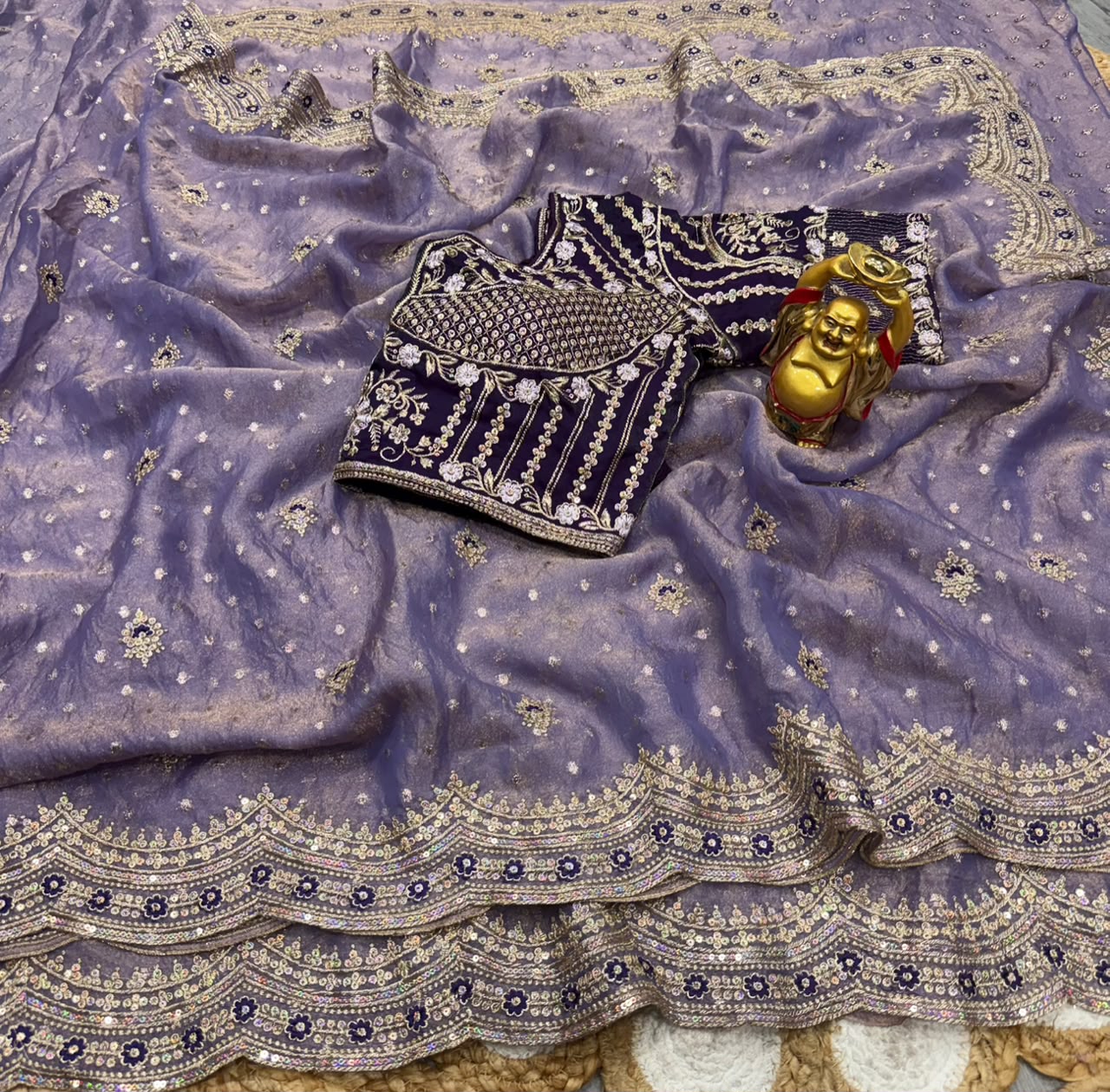 DS-821 NC Moss Butti Saree with Sequin & Thread Work | Stitched Blouse