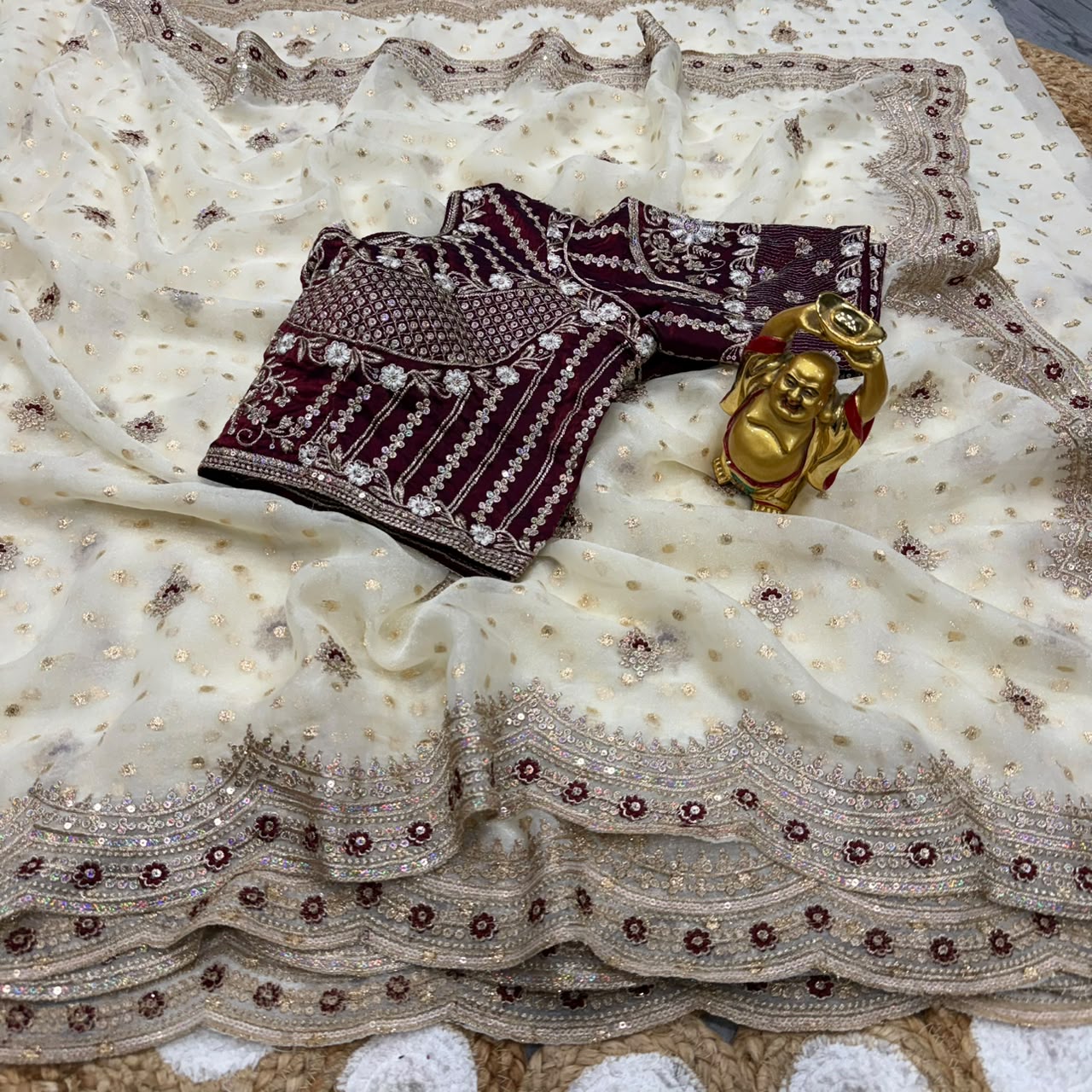 DS-821 NC Moss Butti Saree with Sequin & Thread Work | Stitched Blouse