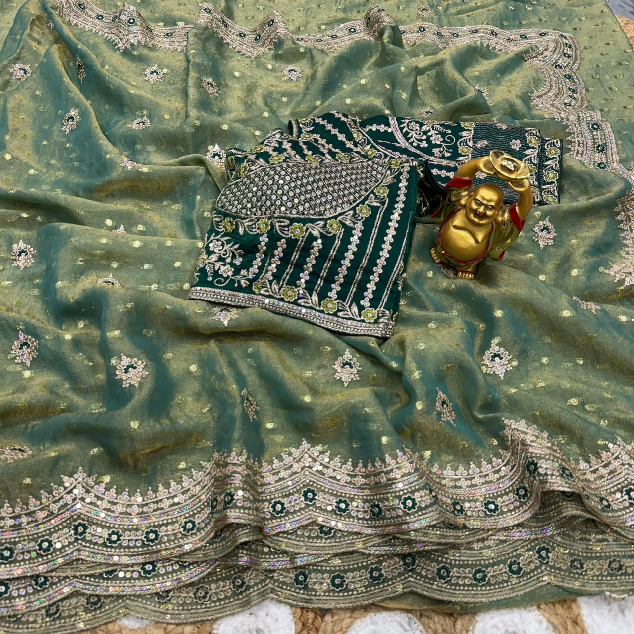 DS-821 NC Moss Butti Saree with Sequin & Thread Work | Stitched Blouse