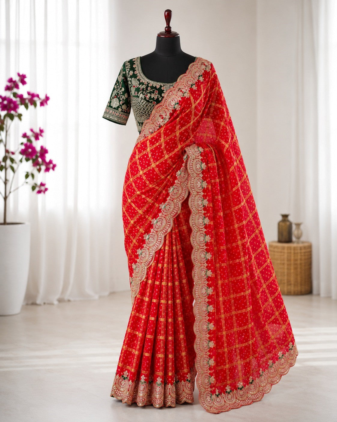 Red Designer Saree with Green Embroidered Blouse | Traditional Wedding & Festive Saree