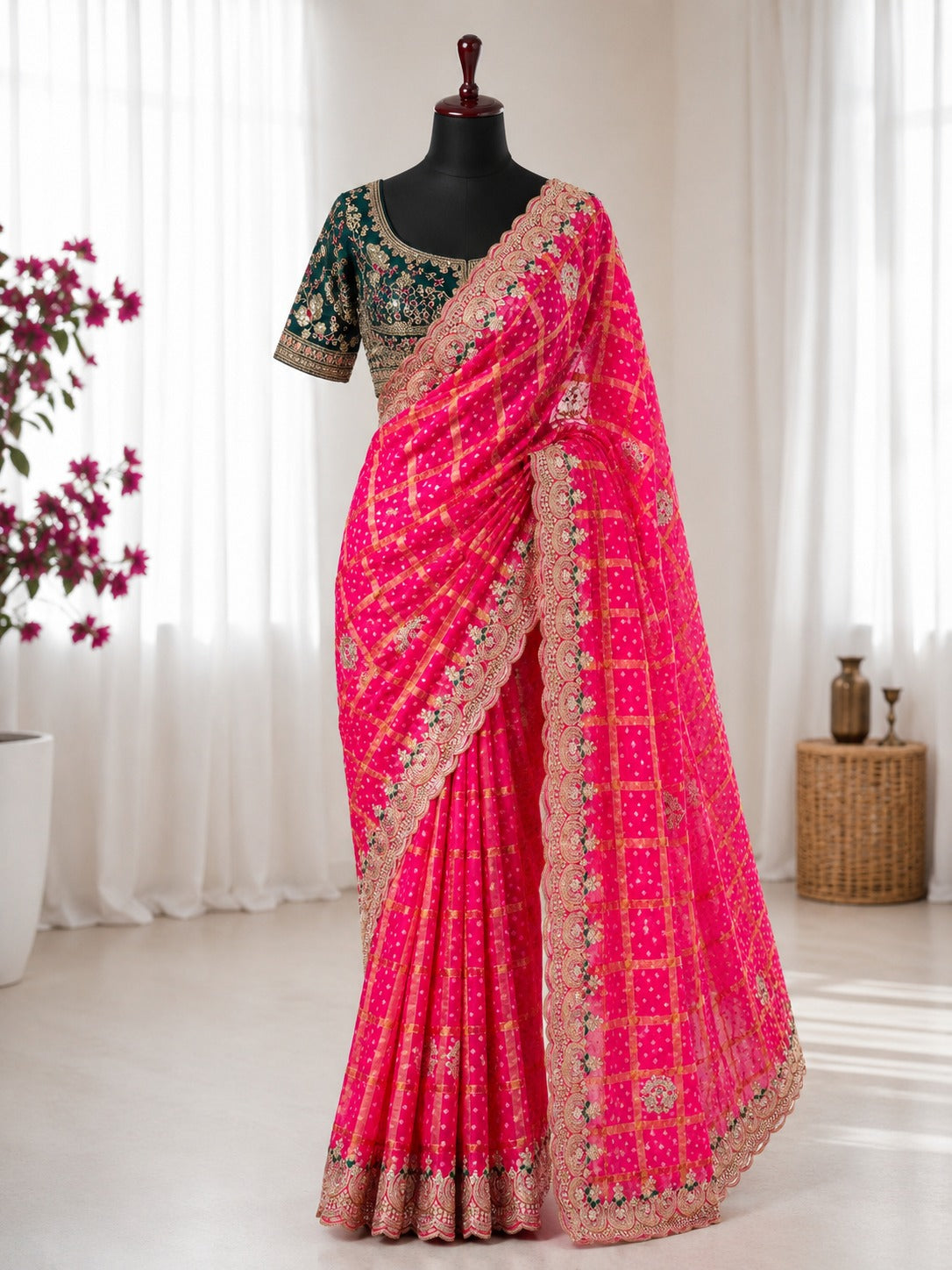 Pink Designer Saree with Green Embroidered Blouse | Traditional Wedding & Festive Saree