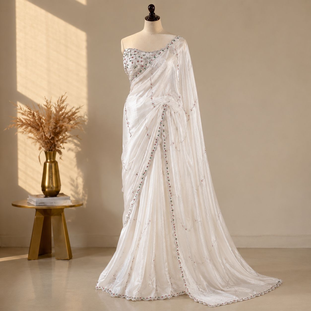 Ivory White Designer Saree with Crystal Stone Embellishment | Luxury Wedding & Reception Saree