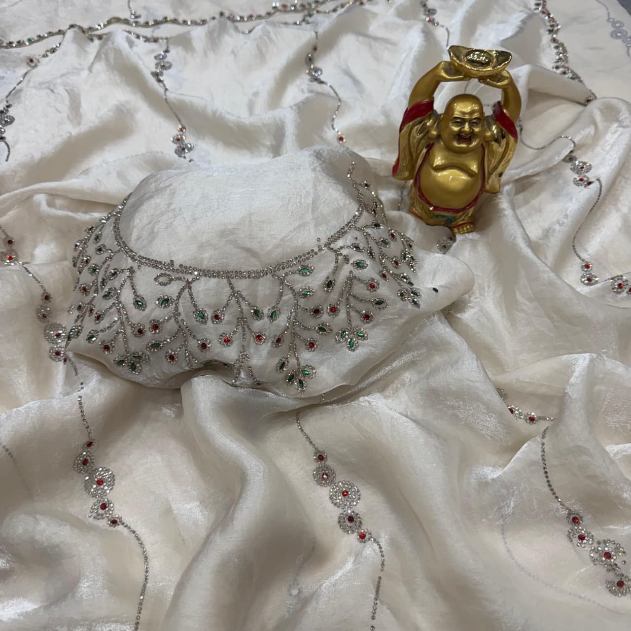 Ivory White Designer Saree with Crystal Stone Embellishment | Luxury Wedding & Reception Saree