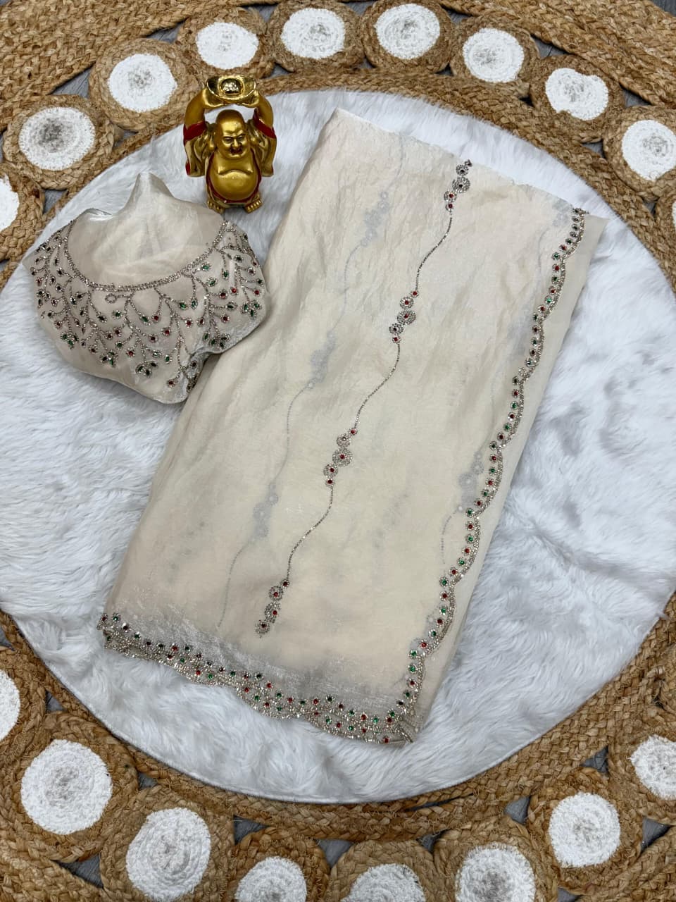 Ivory White Designer Saree with Crystal Stone Embellishment | Luxury Wedding & Reception Saree