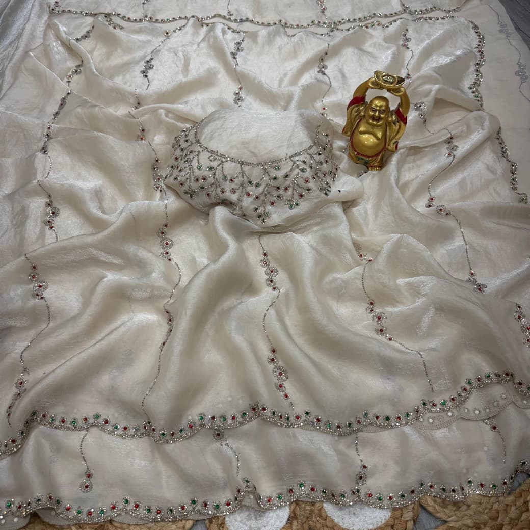 Ivory White Designer Saree with Crystal Stone Embellishment | Luxury Wedding & Reception Saree