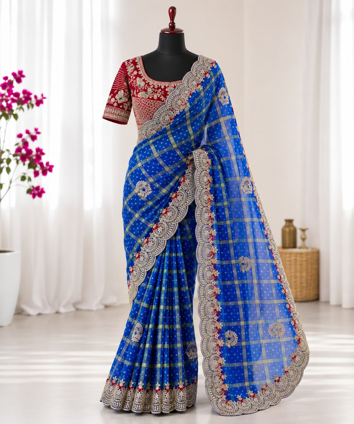 Royal Blue Designer Saree with Maroon Embroidered Blouse