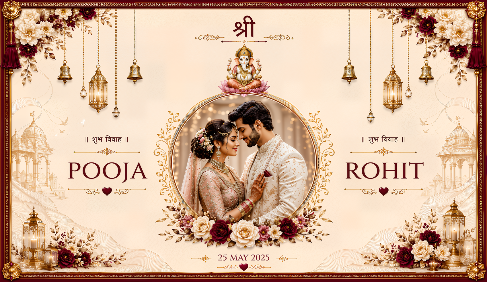 Floral Photo Frame Shubh Vivah Antarpat with Bride Groom Name &amp; Date Design (SE-AP-86)