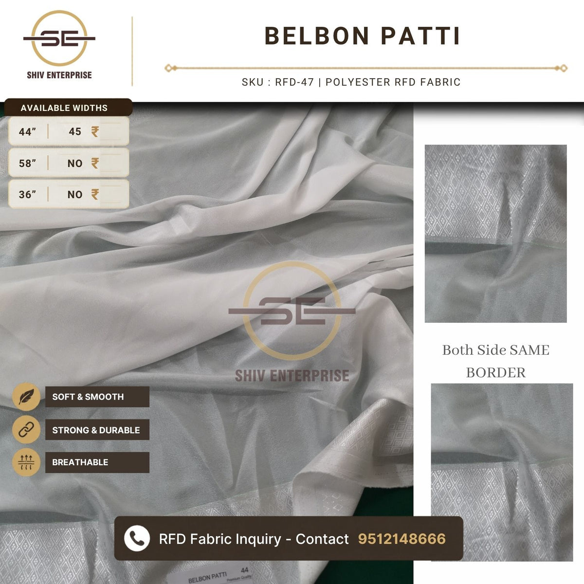 Belbon Patti polyester RFD fabric, 44 inch width, both side same border