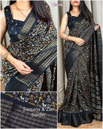 Load image into Gallery viewer, New Kalamkari Print Saree With Sequin &amp; Zari Boder &amp; Tussles in Pallu With Printed Blouse
