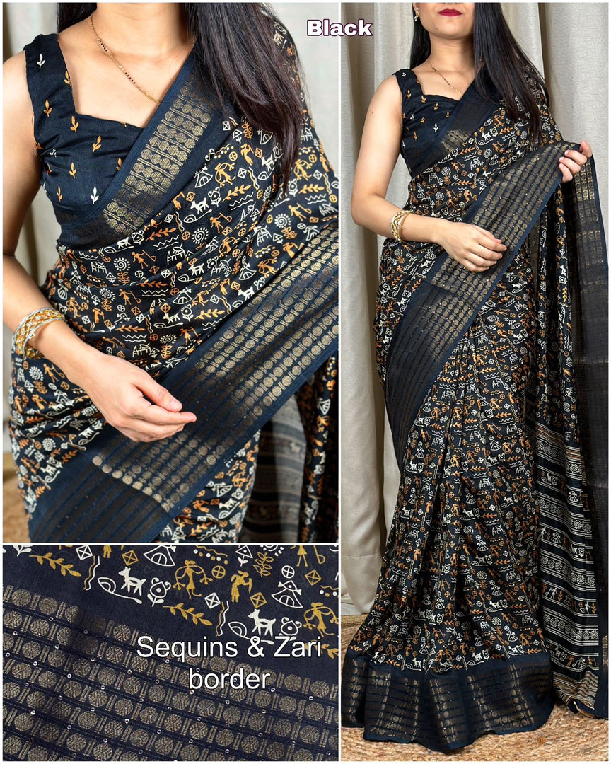 New Kalamkari Print Saree With Sequin & Zari Boder & Tussles in Pallu With Printed Blouse