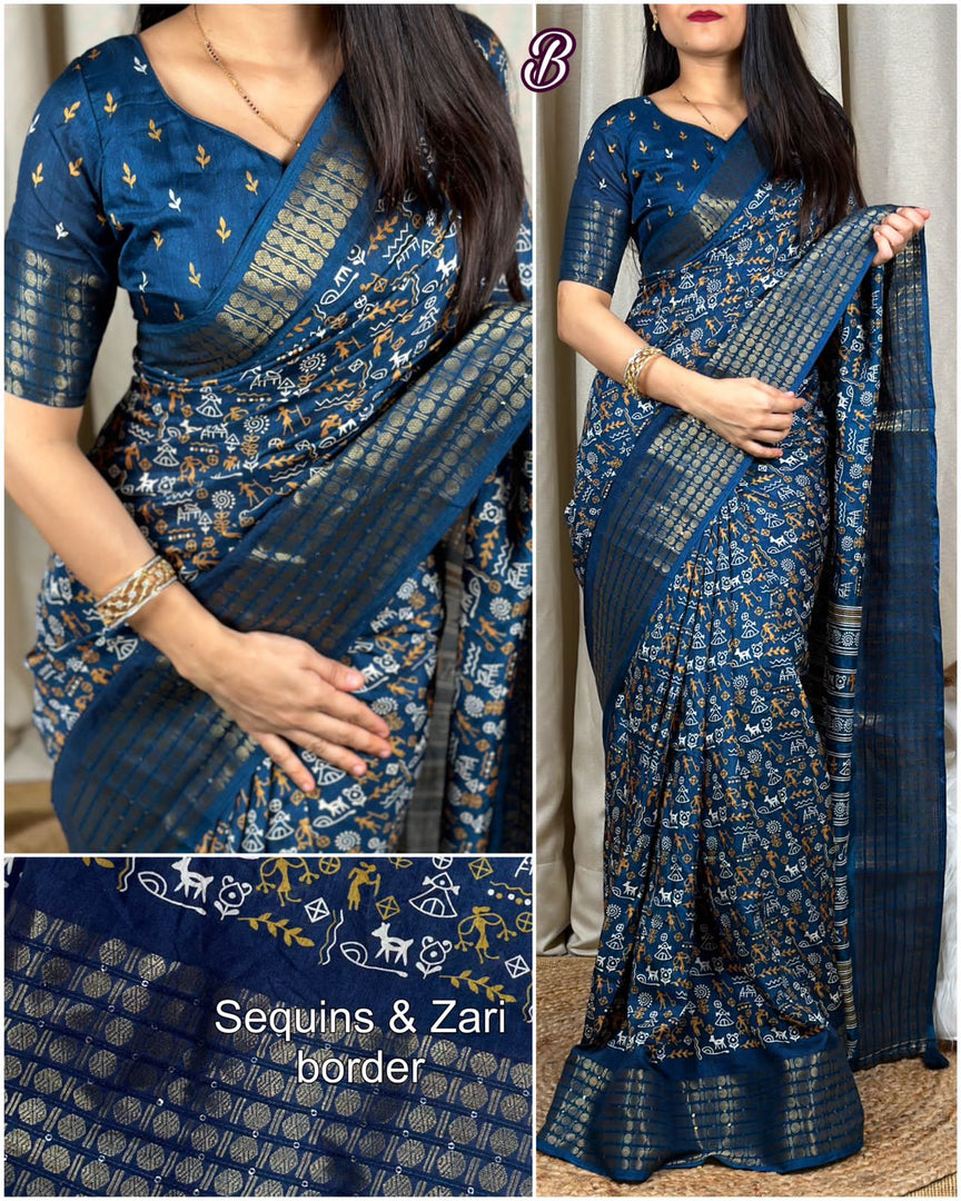 New Kalamkari Print Saree With Sequin & Zari Boder & Tussles in Pallu With Printed Blouse