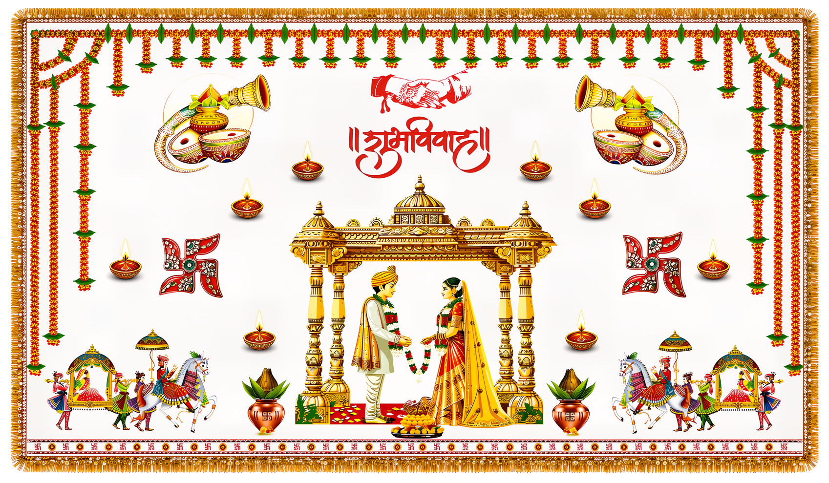 Traditional Mandap Shubh Vivah Antarpat with Marigold Toran &amp; Wedding Procession Design (SE-AP-84)
