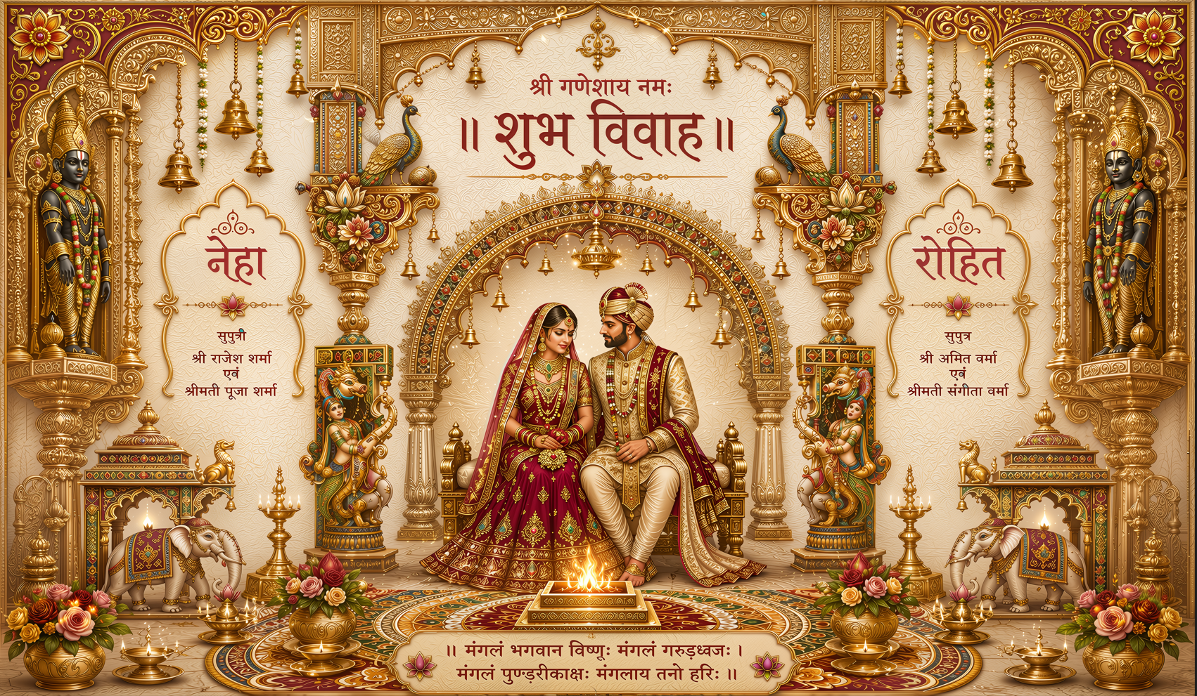 Royal Temple Shubh Vivah Antarpat with Bride Groom and Havan Ceremony Design (SE-AP-102)