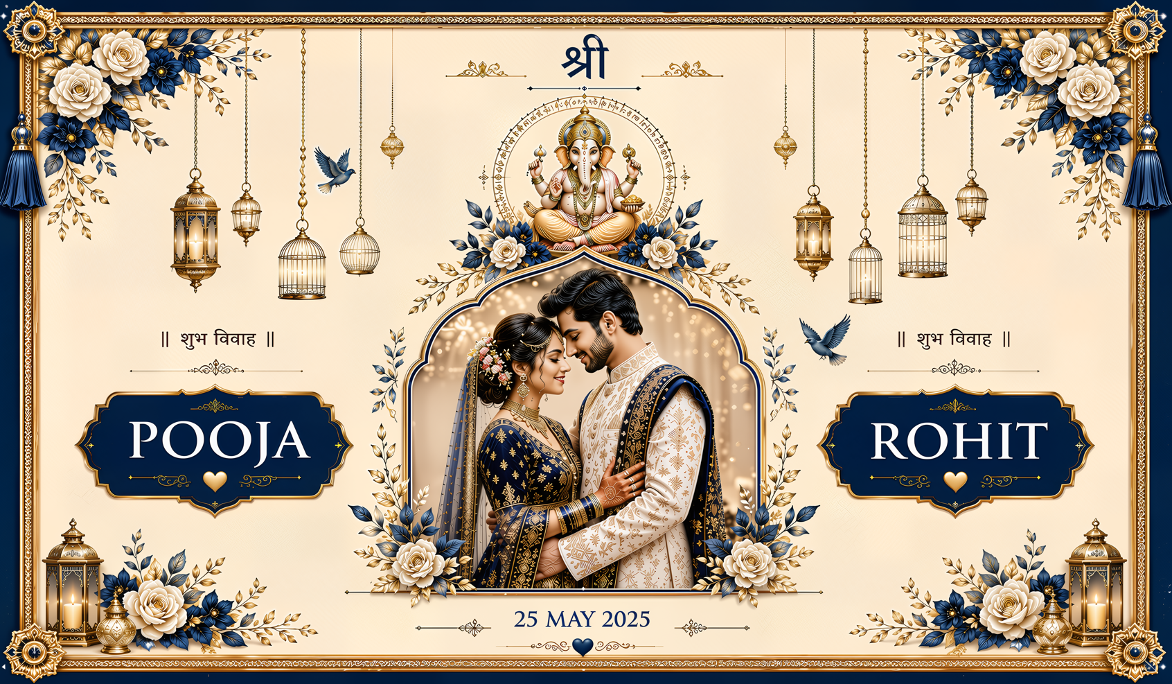Royal Blue Floral Ganesh Shubh Vivah Antarpat with Bride Groom Name & Date Design (SE-AP-87)