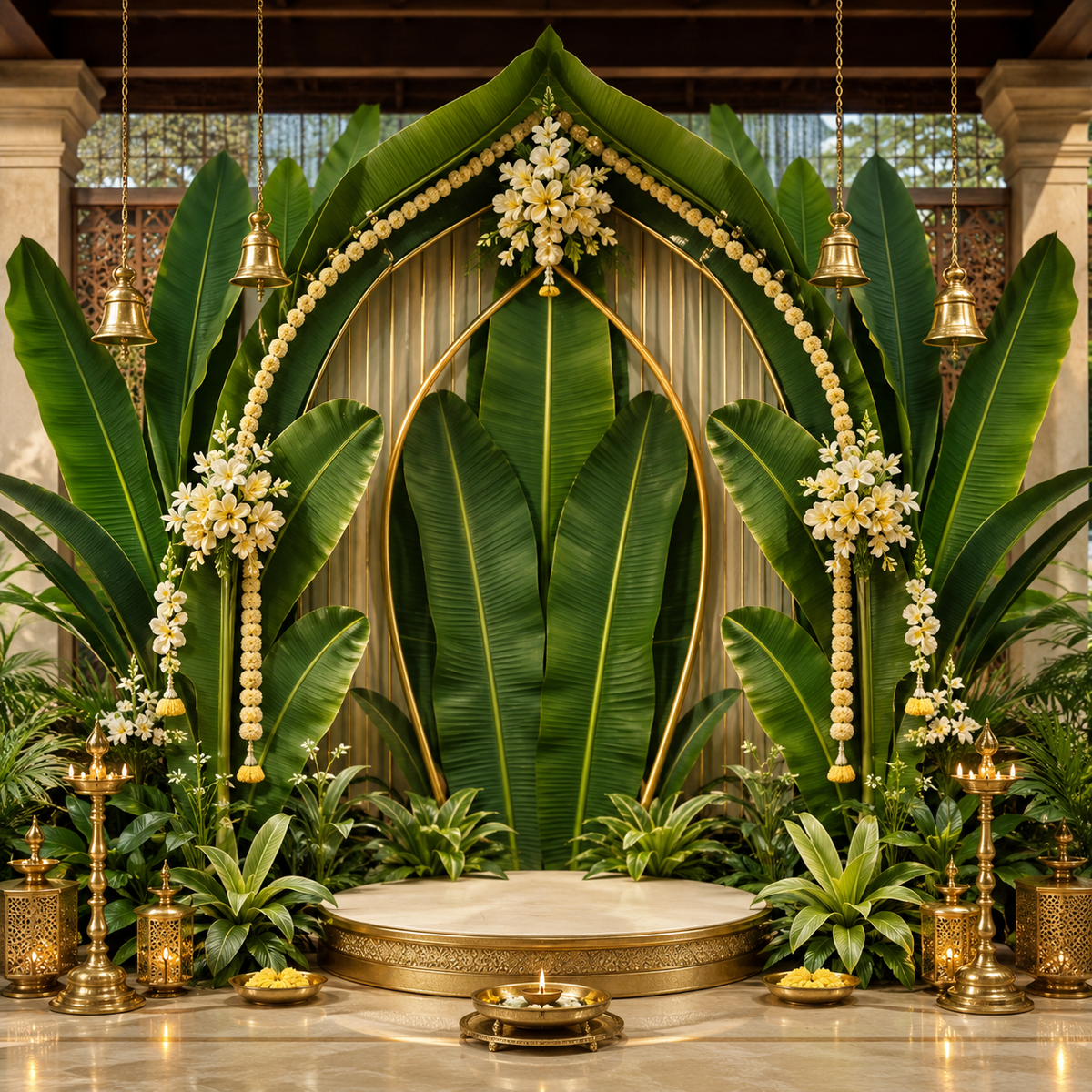 Royal banana leaf arch Ganesh Chaturthi backdrop with green foliage, white flowers, gold frame, hanging bells and brass lamps GC-019-2