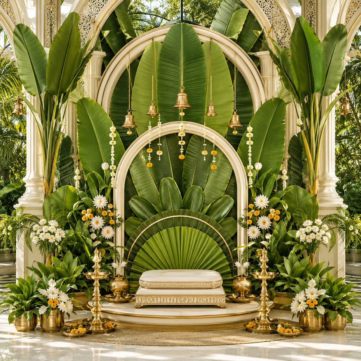 Ivory pavilion Ganesh Chaturthi backdrop with tall banana leaves, white yellow flowers, hanging temple bells and brass lamps GC-019-3