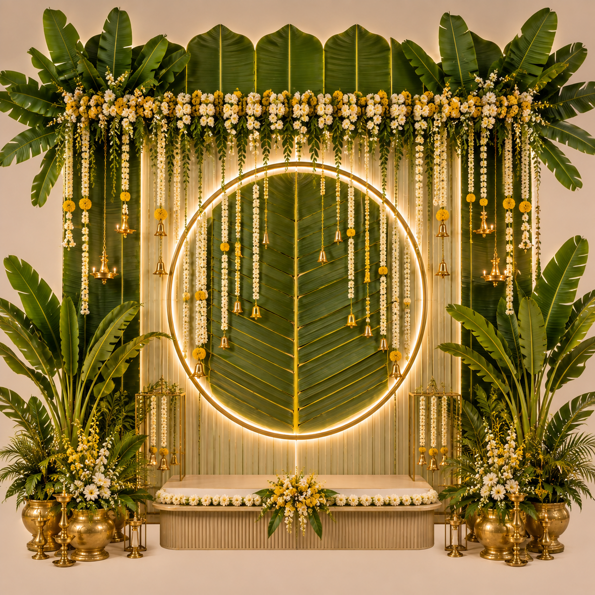 Modern circular banana leaf Ganesh Chaturthi backdrop with green foliage, floral strings, hanging bells and illuminated gold frame GC-019-4